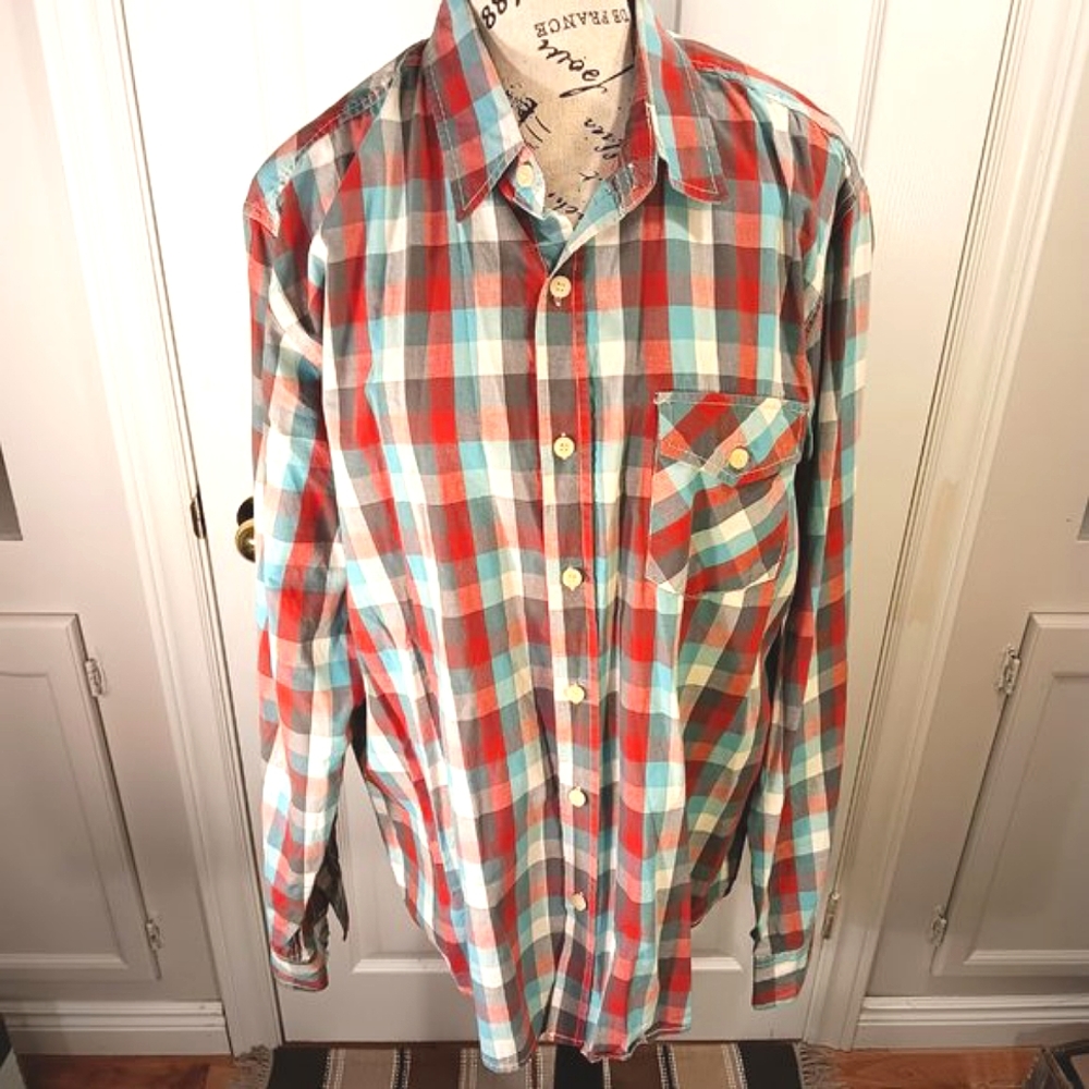 NWOT Bluenotes Men's Red Teal Plaid Long Sleeve Button Down Shirt Cotton Size L